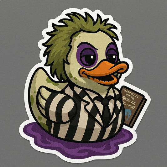 Beetlejuice rubber duck sticker featuring the character in striped suit with purple eyes and green hair
