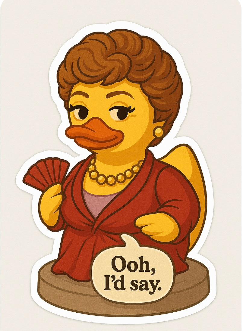 Blanche Golden Girls rubber duck sticker featuring a duck dressed as Blanche with a red fan and pearl necklace