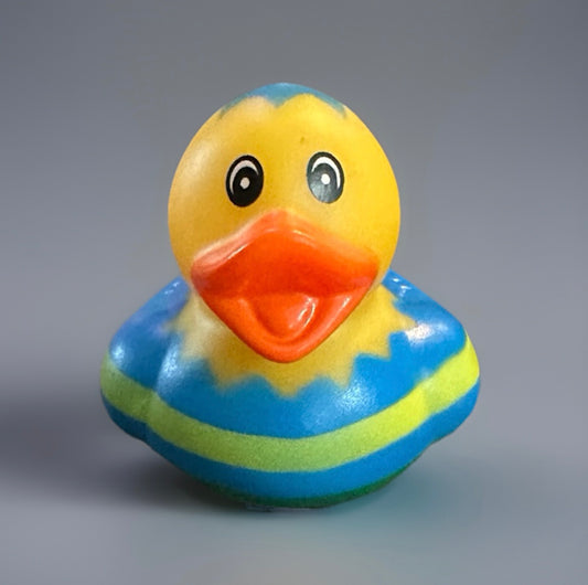 Blue Yellow Easter Rubber Duck with bright orange beak from Reed’s Rubber Ducks and Sensory Shop
