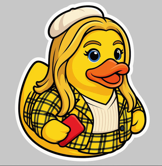 Cher inspired rubber duck decal featuring a yellow duck in a plaid jacket and white beret holding a red phone