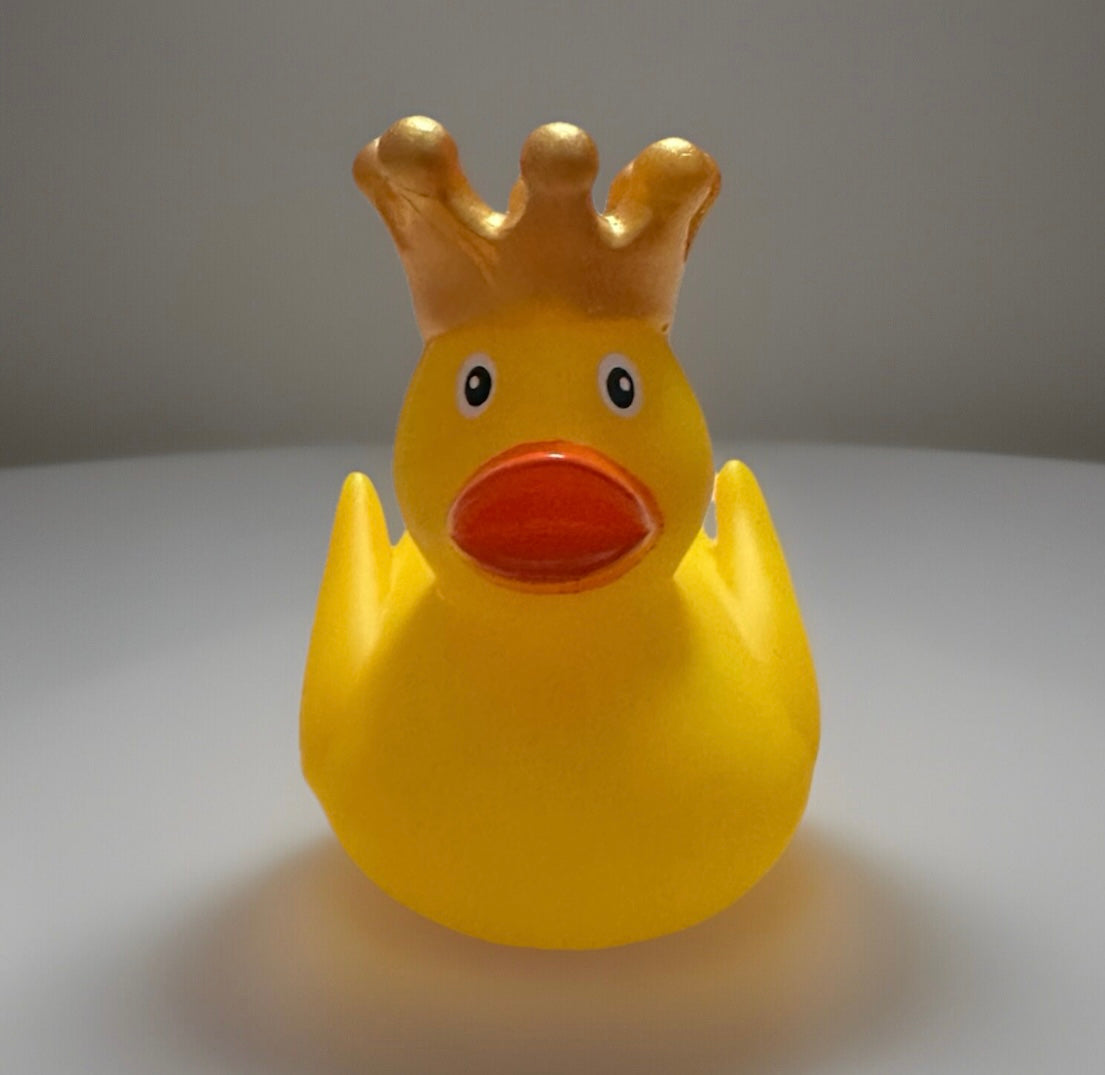Yellow rubber duck with gold crown facing forward for crowned rubber duck gift by Reed’s Rubber Ducks