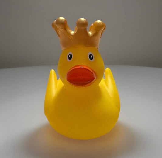 Yellow rubber duck with gold crown facing forward for crowned rubber duck gift by Reed’s Rubber Ducks