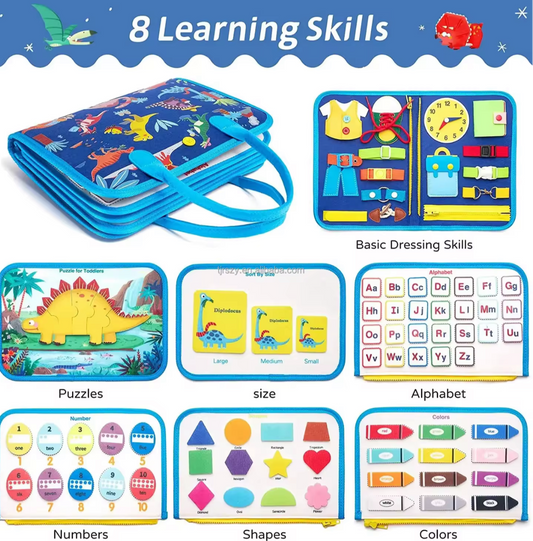 Dinosaur Montessori Busy Book by Reeds Rubber Ducks and Sensory Shop teaching 8 learning skills including dressing, puzzles, alphabet, numbers, shapes, and colors