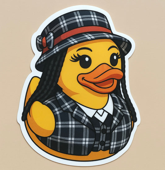 Dion clueless rubber duck sticker featuring a yellow duck wearing a plaid hat and matching outfit