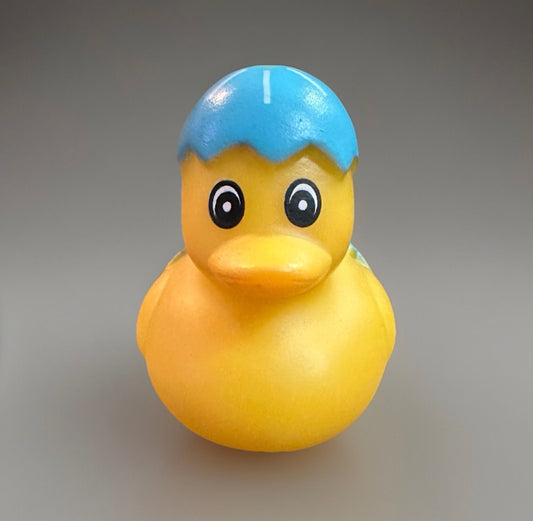 Yellow rubber duck with a blue eggshell hat Easter rubber duck gift from Reeds Rubber Ducks and Sensory Shop