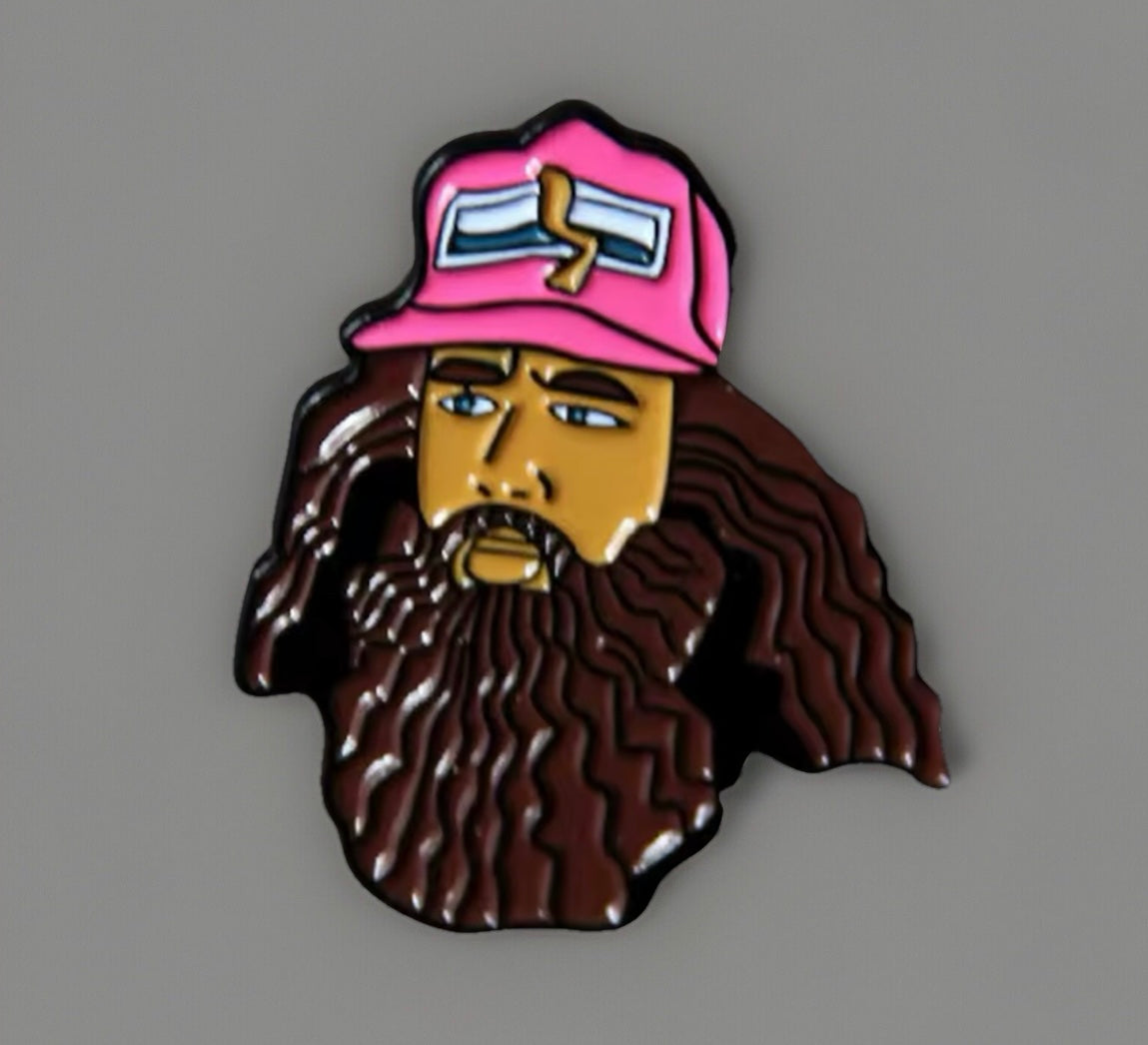 Forest Gump themed lapel pin featuring a detailed face with a long beard and pink hat