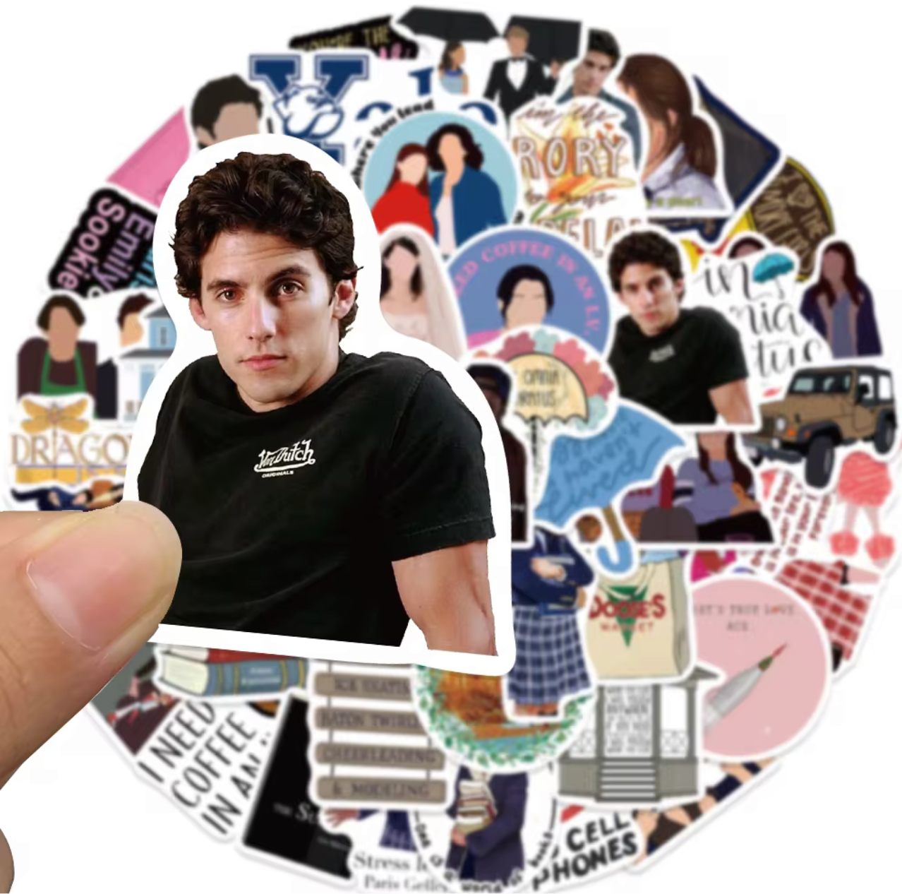 Hand holding Adam Brody Gilmore Girls stickers from Reed’s Rubber Ducks and Sensory Shop