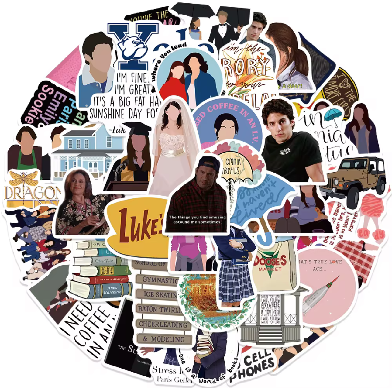 Assorted Gilmore Girls stickers featuring characters, quotes, and iconic symbols from the show