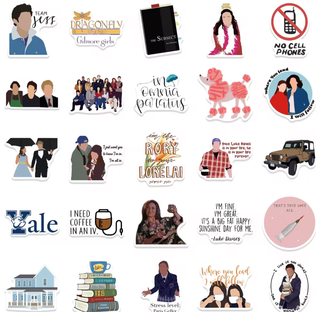 Collection of colorful Gilmore Girls stickers featuring characters, quotes, and iconic symbols