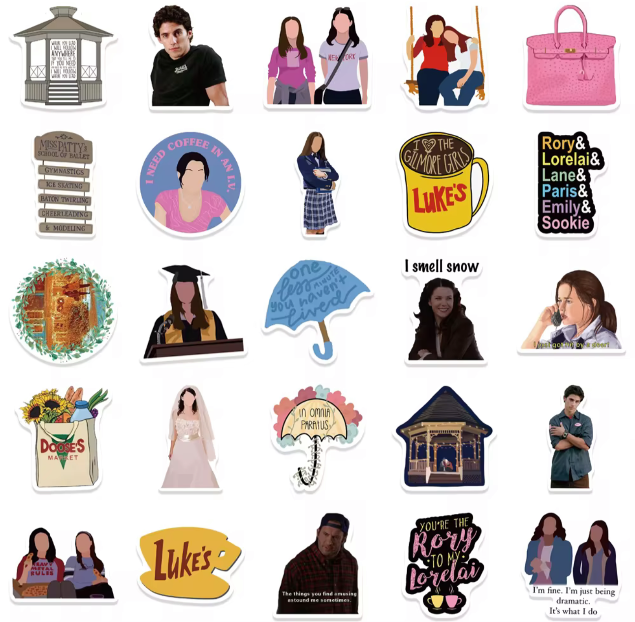 Assorted colorful Gilmore Girls stickers featuring characters, quotes, and iconic show symbols