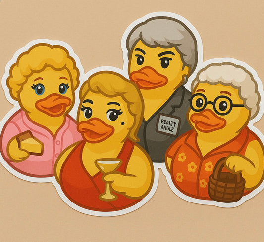 Golden Girls rubber duck decal featuring two yellow ducks dressed as characters with black and brown hair