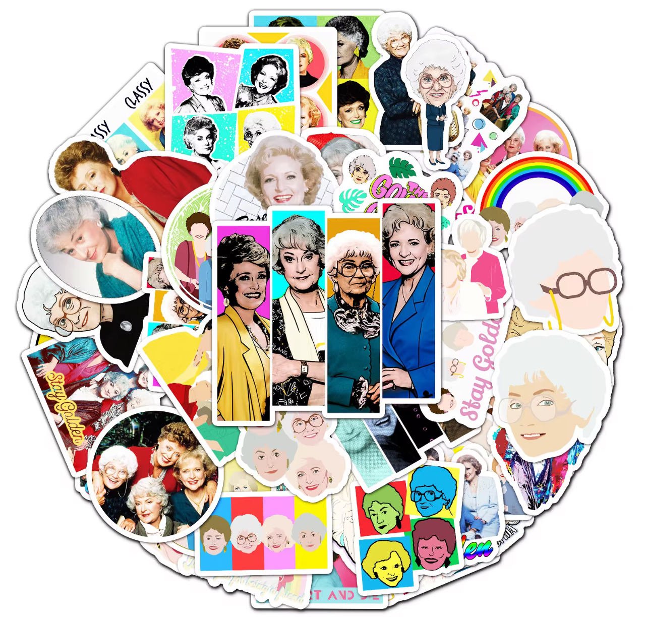 Golden Girls TV stickers set featuring various colorful and artistic portraits of the characters