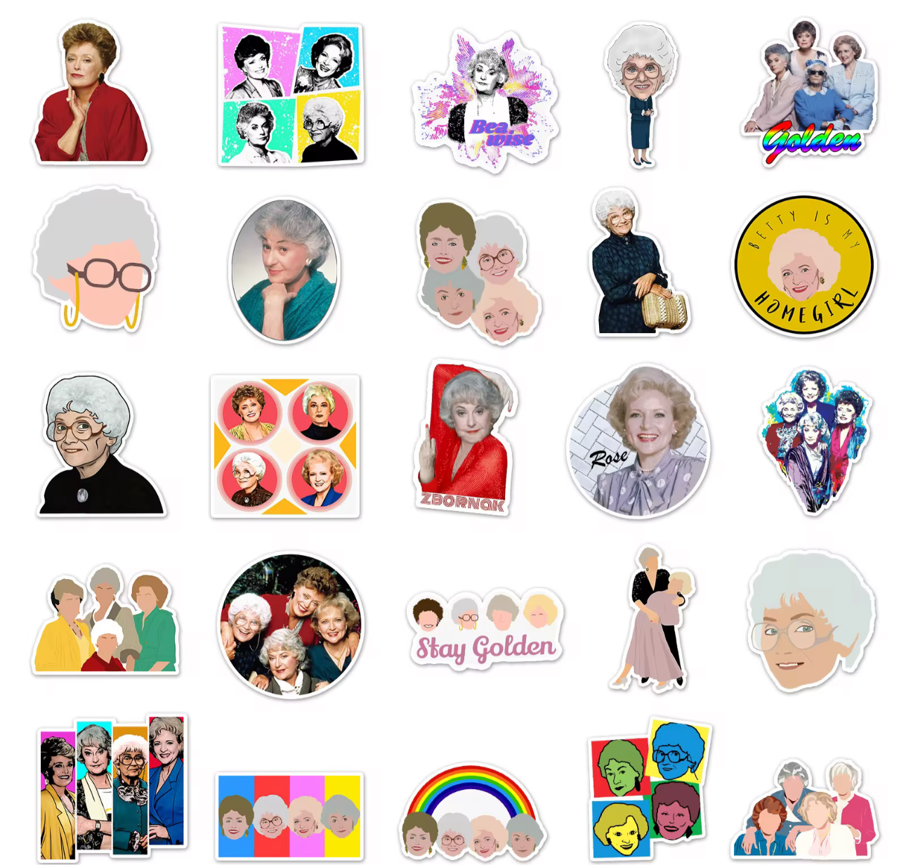 Golden Girls TV stickers set featuring iconic characters and colorful designs from the classic show