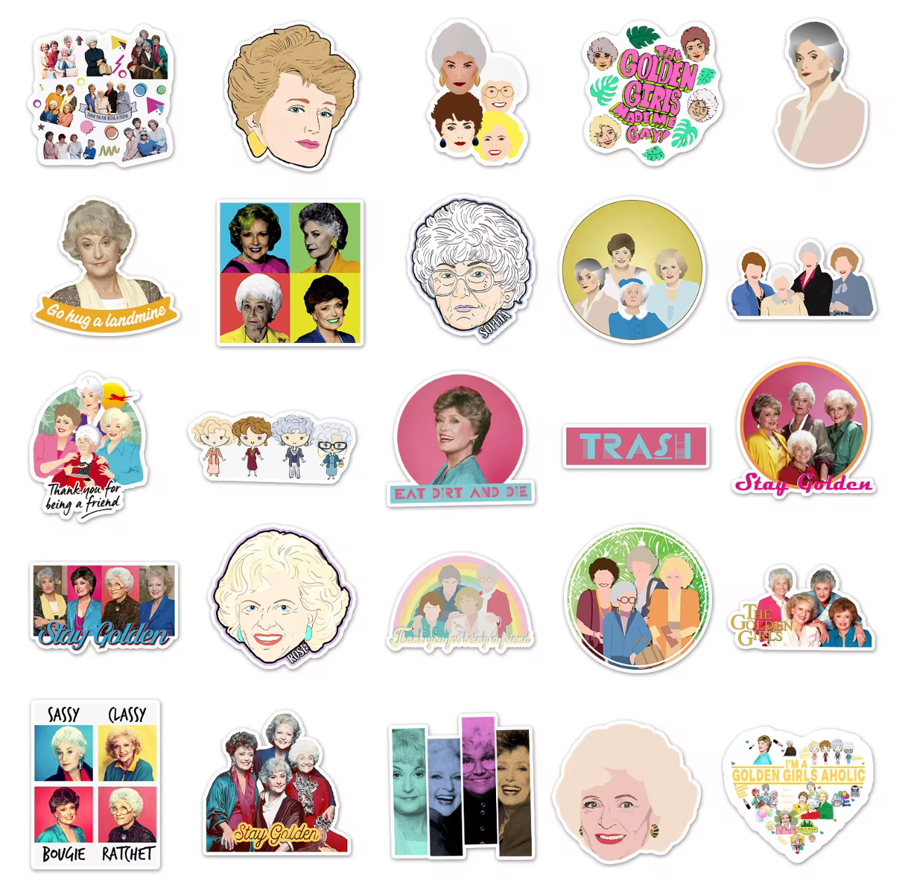 Golden Girls TV stickers set featuring colorful cartoon and portrait stickers of characters and quotes