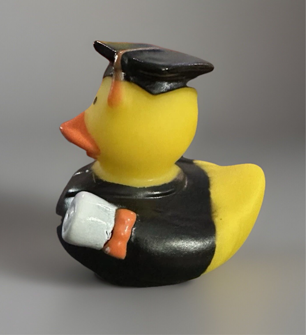 Yellow graduation rubber duck gift wearing black cap and gown holding diploma from Reed’s Rubber Ducks and Sensory Shop