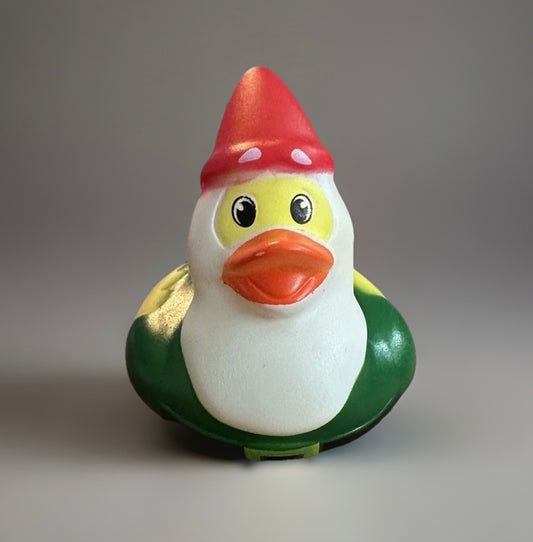 Green gnome rubber duck with red hat and white beard from Reed’s Rubber Ducks and Sensory Shop