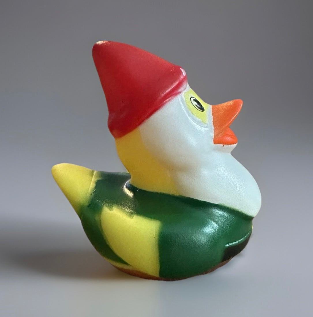Green gnome rubber duck with red hat and orange beak from Reed’s Rubber Ducks and Sensory Shop