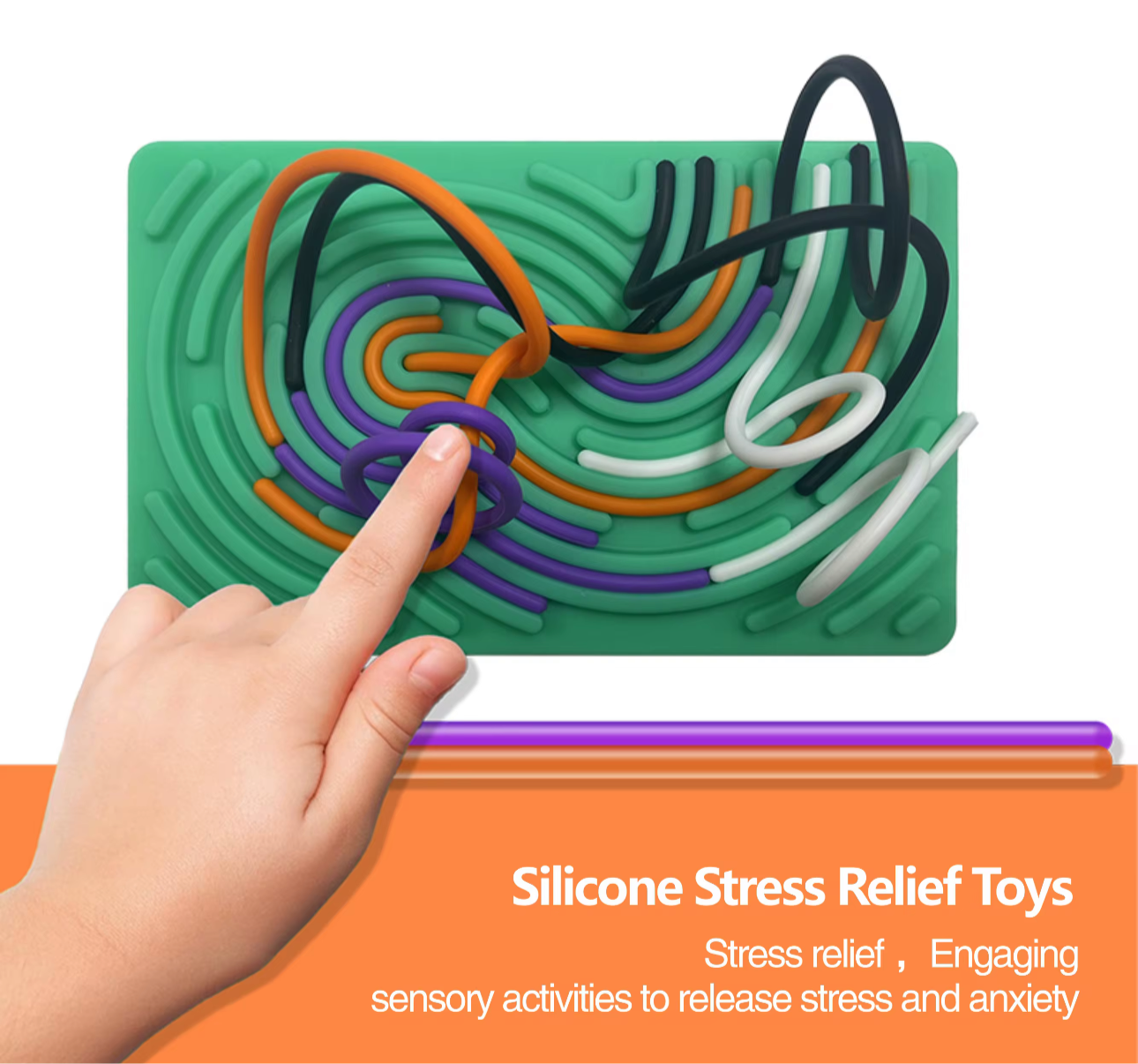 Hand using green sensory activity mat with colorful silicone stress relief loops for anxiety relief
