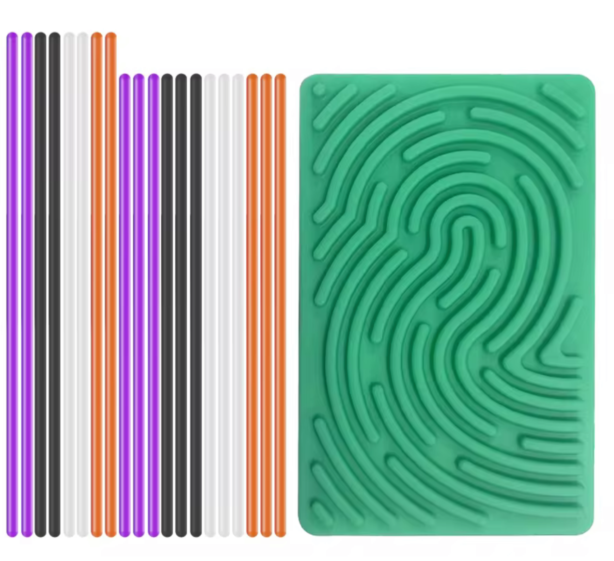 Green sensory activity mat with maze pattern and multiple colorful tactile sticks for sensory play