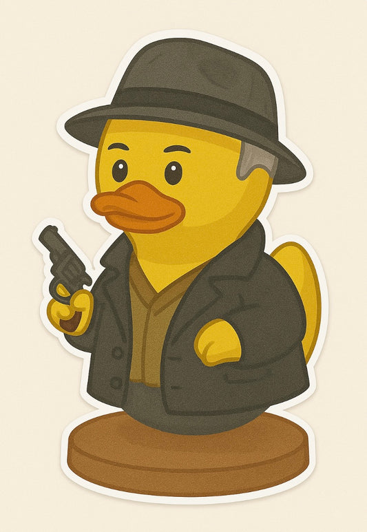 Harry Home Alone duck sticker featuring a yellow rubber duck dressed in a hat and coat holding a toy gun