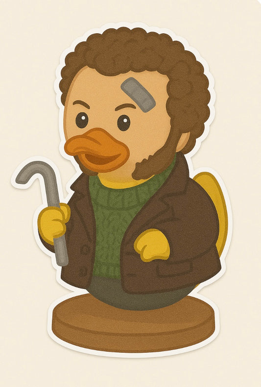 Home Alone Marv rubber duck sticker featuring Marv with curly hair and crowbar in brown jacket