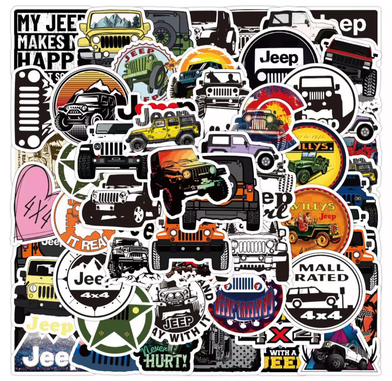 Jeep Wrangler sticker set featuring various colorful off-road and Jeep-themed designs