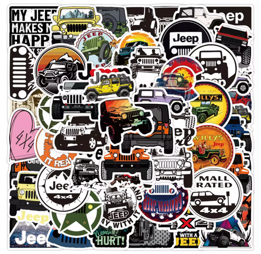 Jeep Wrangler sticker set featuring various colorful off-road and Jeep-themed designs