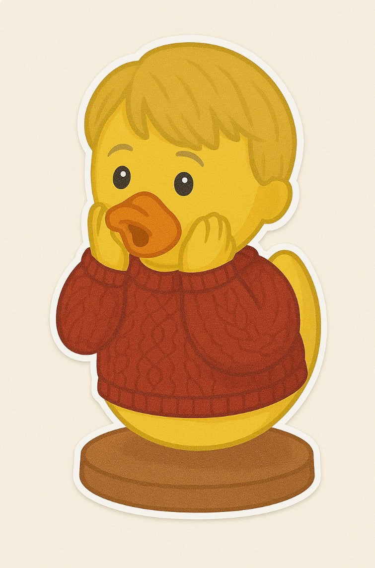 Kevin rubber duck decal wearing a red sweater with hands on cheeks on a brown base