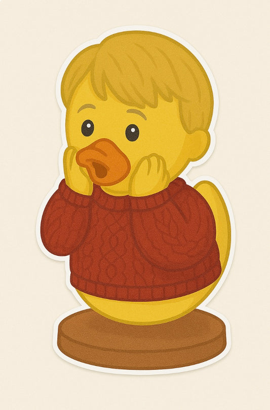 Kevin rubber duck decal wearing a red sweater with hands on cheeks on a brown base