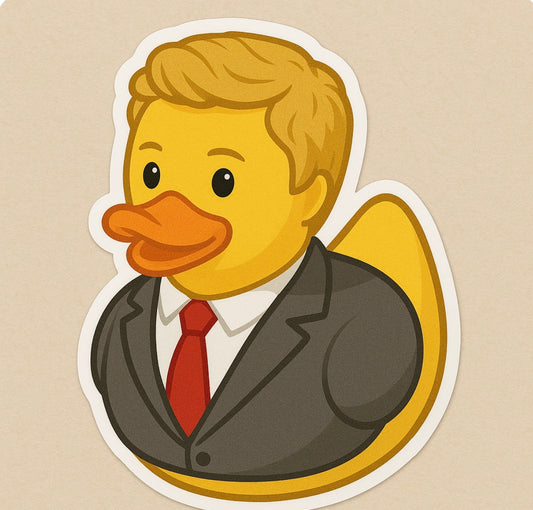 Logan Huntsberger rubber duck sticker featuring a duck in a suit with blonde hair and red tie