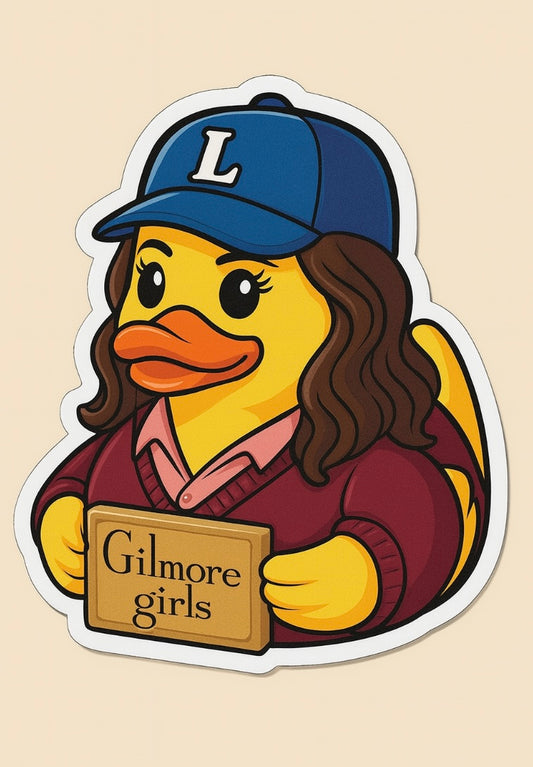 Lorelai Gilmore Girls duck sticker featuring a yellow rubber duck with brunette hair and blue cap