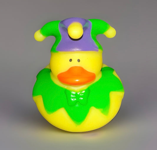 Mardi Gras rubber duck with green and purple jester hat and green collar from Reed’s Rubber Ducks