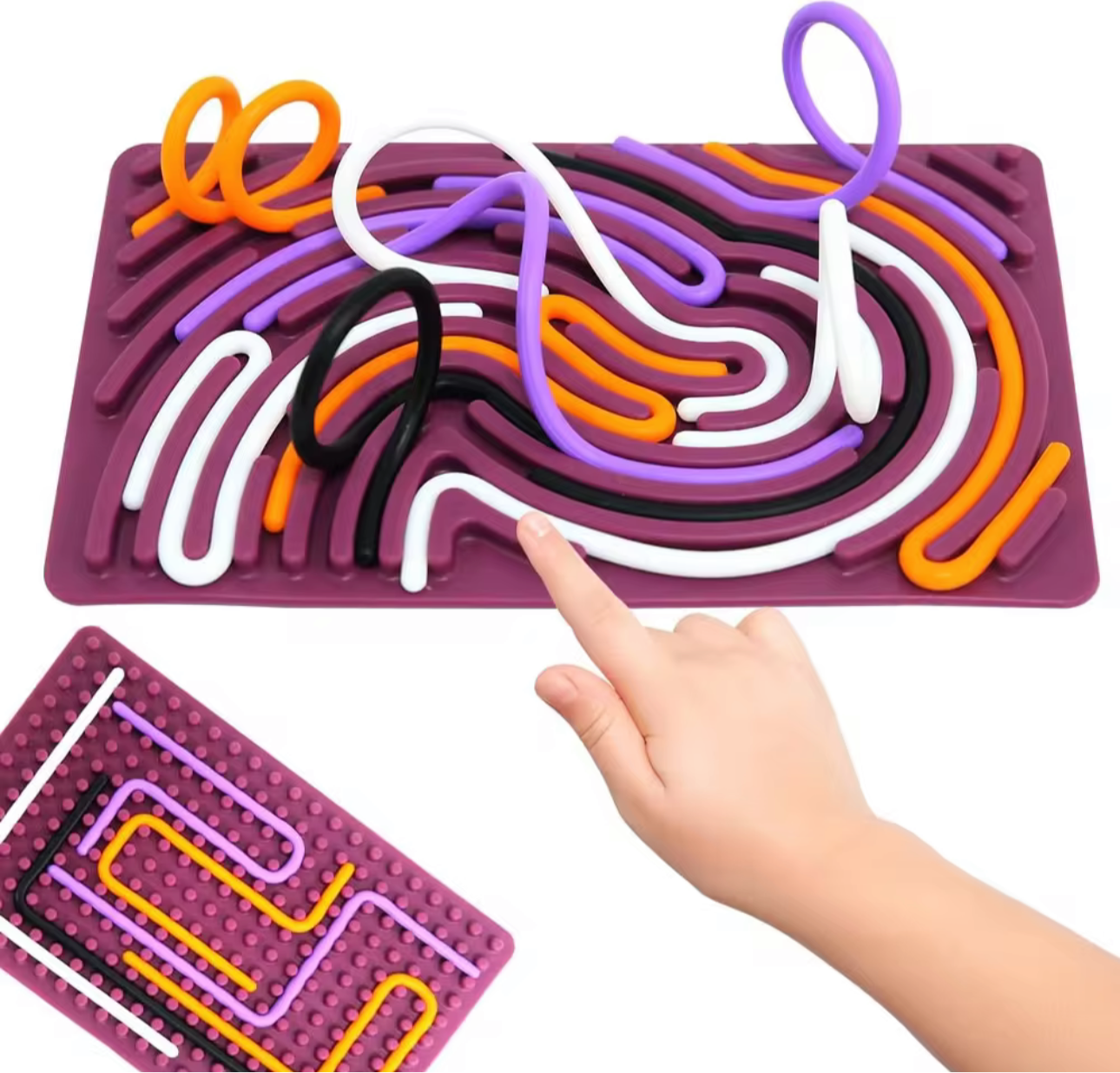 Maroon sensory activity mat with colorful movable tracks and a hand interacting with the toy