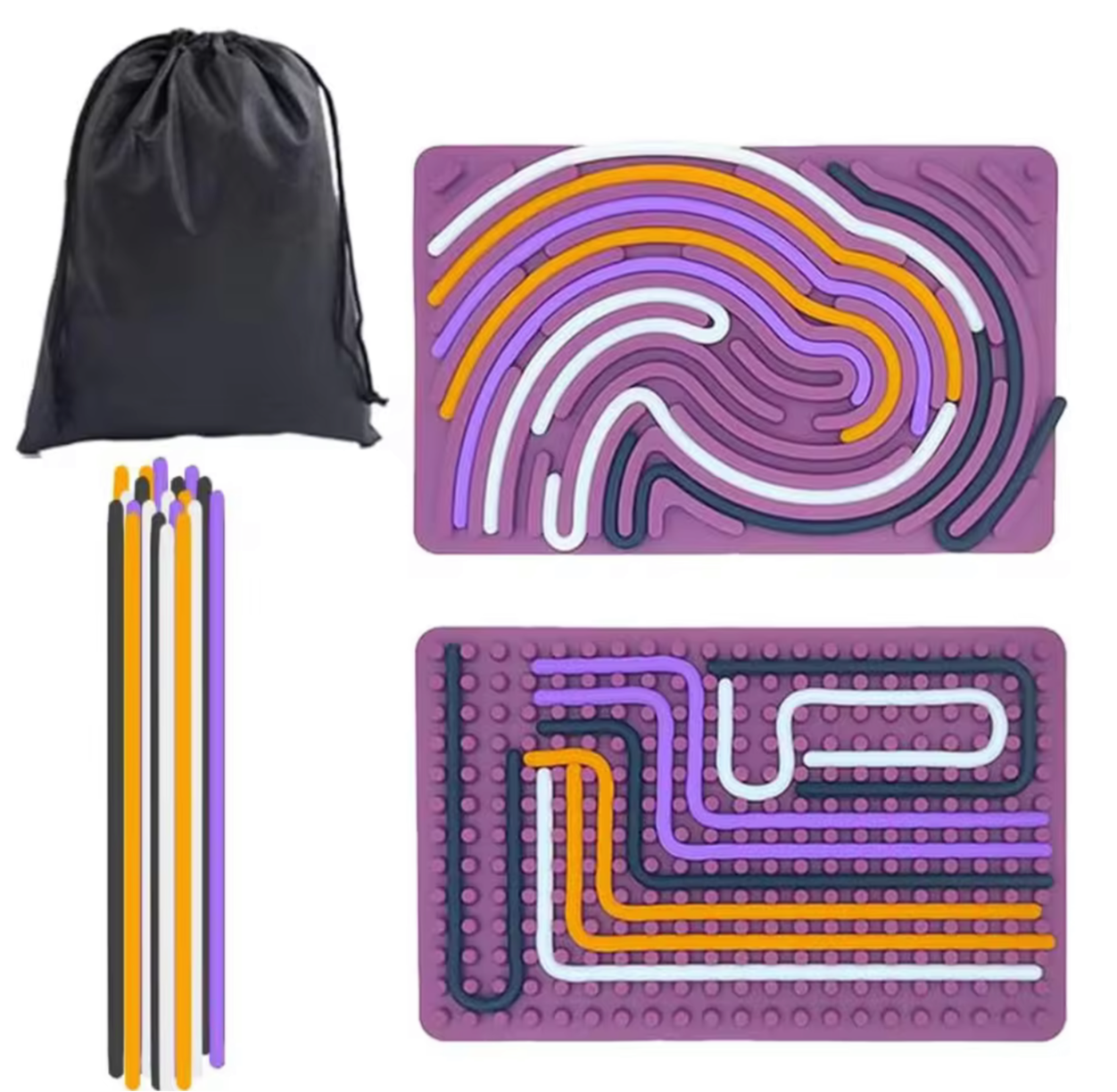 Maroon sensory activity mat set with colorful sticks and black drawstring storage bag