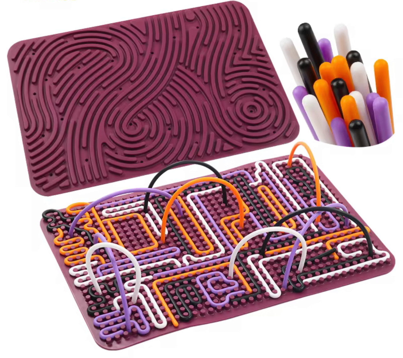 Maroon sensory activity mat with colorful interlocking rods and textured maze pattern for fine motor skills