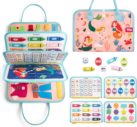 Mermaid Montessori busy book with colorful educational panels, including letters shapes and dress-up activities