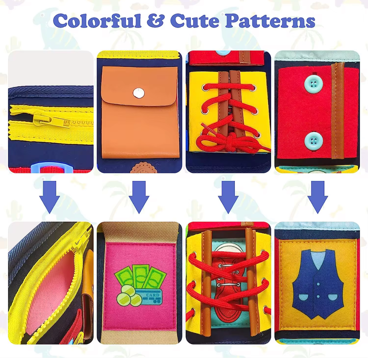 Montessori busy book for toddlers with colorful patterns featuring zipper, button, lace, and pocket activities