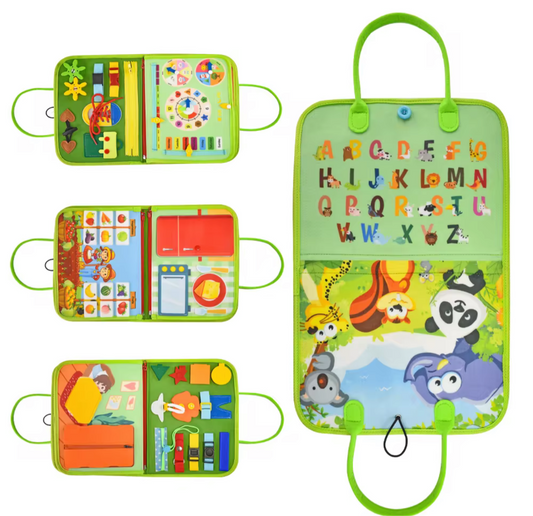 Montessori busy book for toddlers with colorful interactive learning activities and animal illustrations