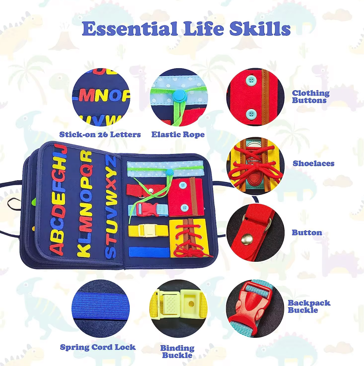Montessori busy book for toddlers with letters, buttons, shoelaces, buckles, and life skills activities