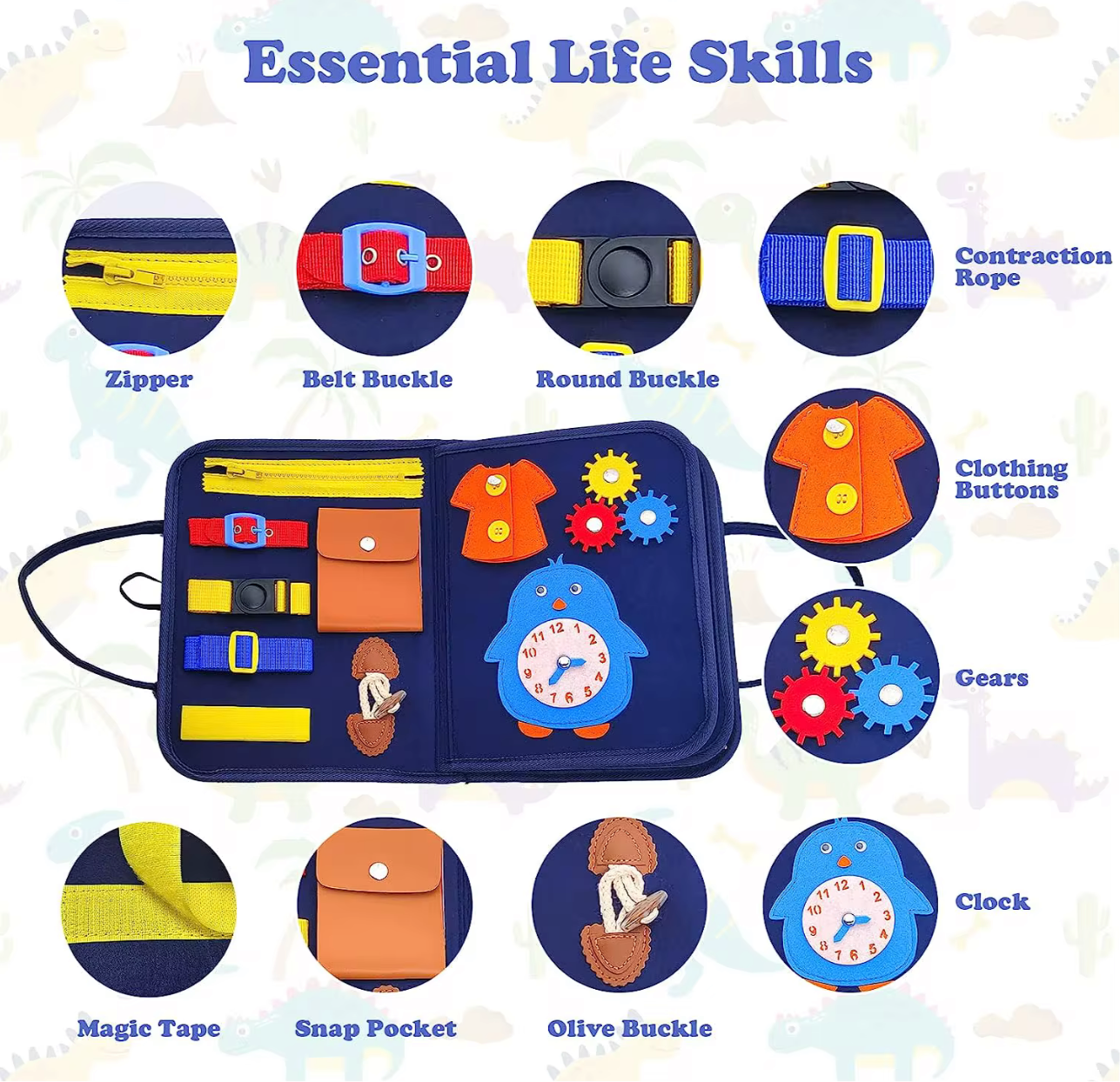 Montessori busy book for toddlers featuring zipper, belt buckles, clothing buttons, gears, clock, and snap pocket for life skills