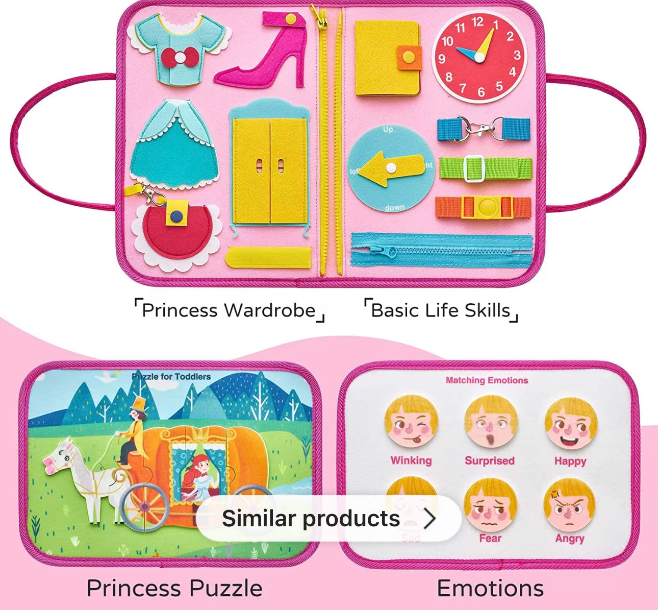 Montessori toddler sensory toys set with princess wardrobe, life skills activities, puzzle, and emotions matching board