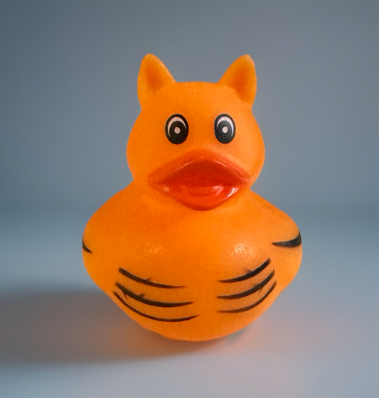 Orange tiger rubber duck with black stripes and cat-like ears from Reed’s Rubber Ducks and Sensory Shop