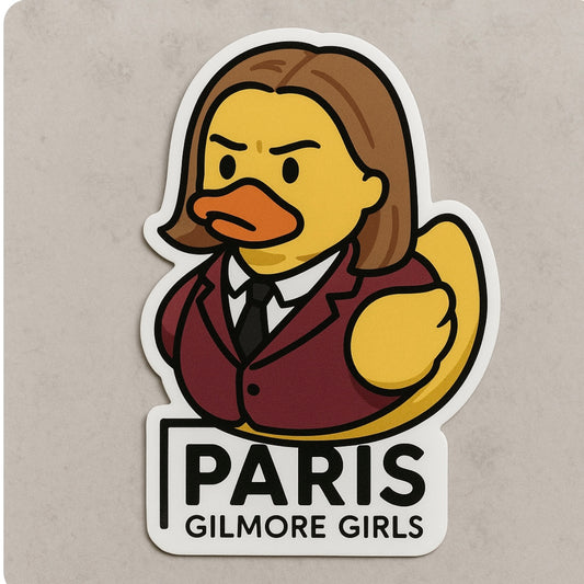 Paris Gilmore Girls duck sticker featuring a yellow rubber duck dressed in a maroon suit with brown hair