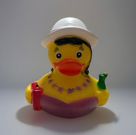 Party girl rubber duck from Reeds Rubber Ducks and Sensory Shop wearing a white hat and holding drinks