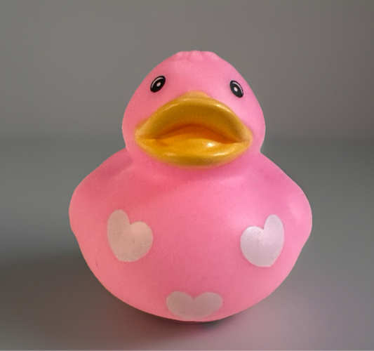 Pink rubber duck with hearts from Reed’s Rubber Ducks and Sensory Shop with yellow beak
