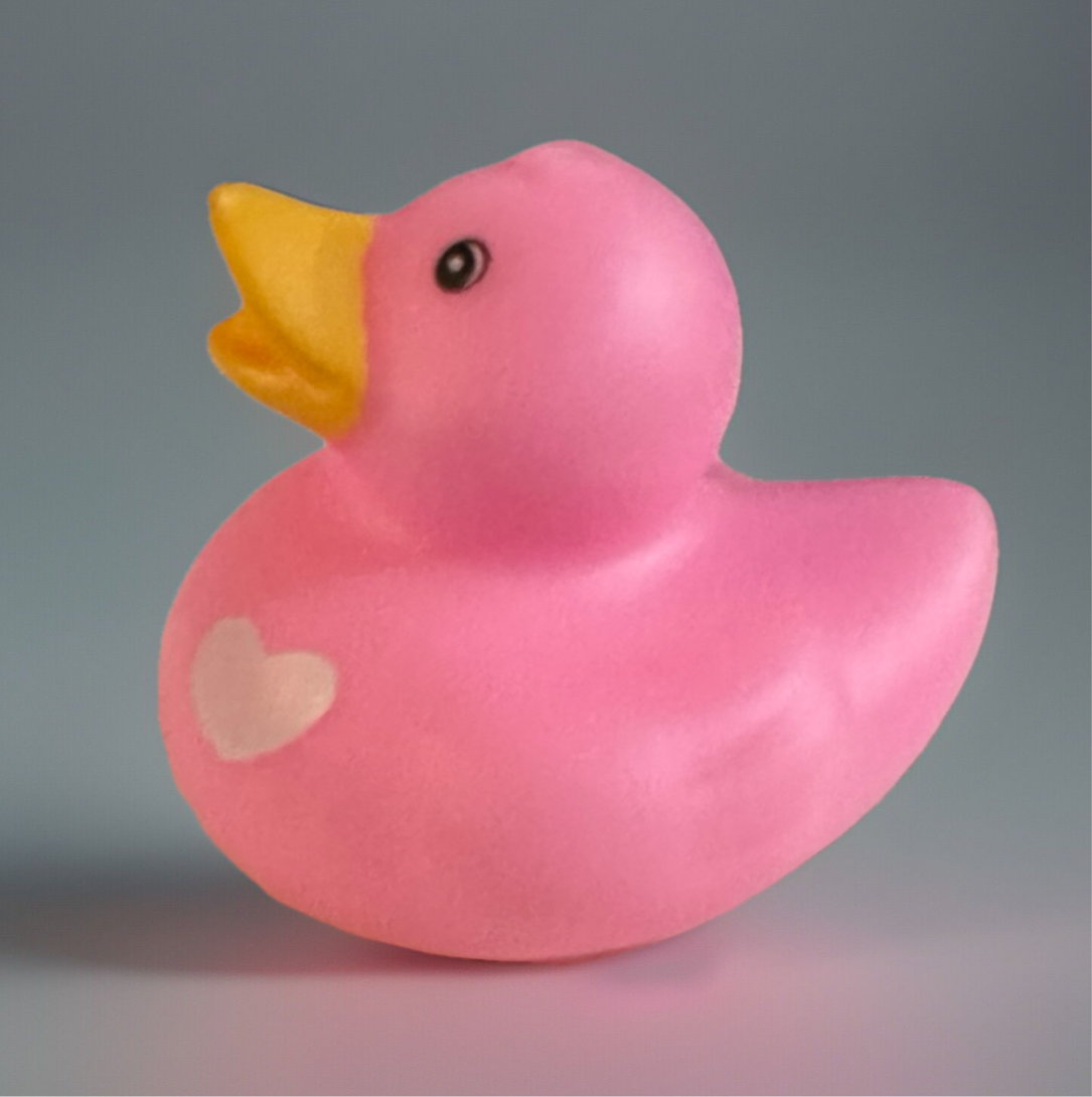 Pink rubber duck with hearts on side from Reed’s Rubber Ducks and Sensory Shop