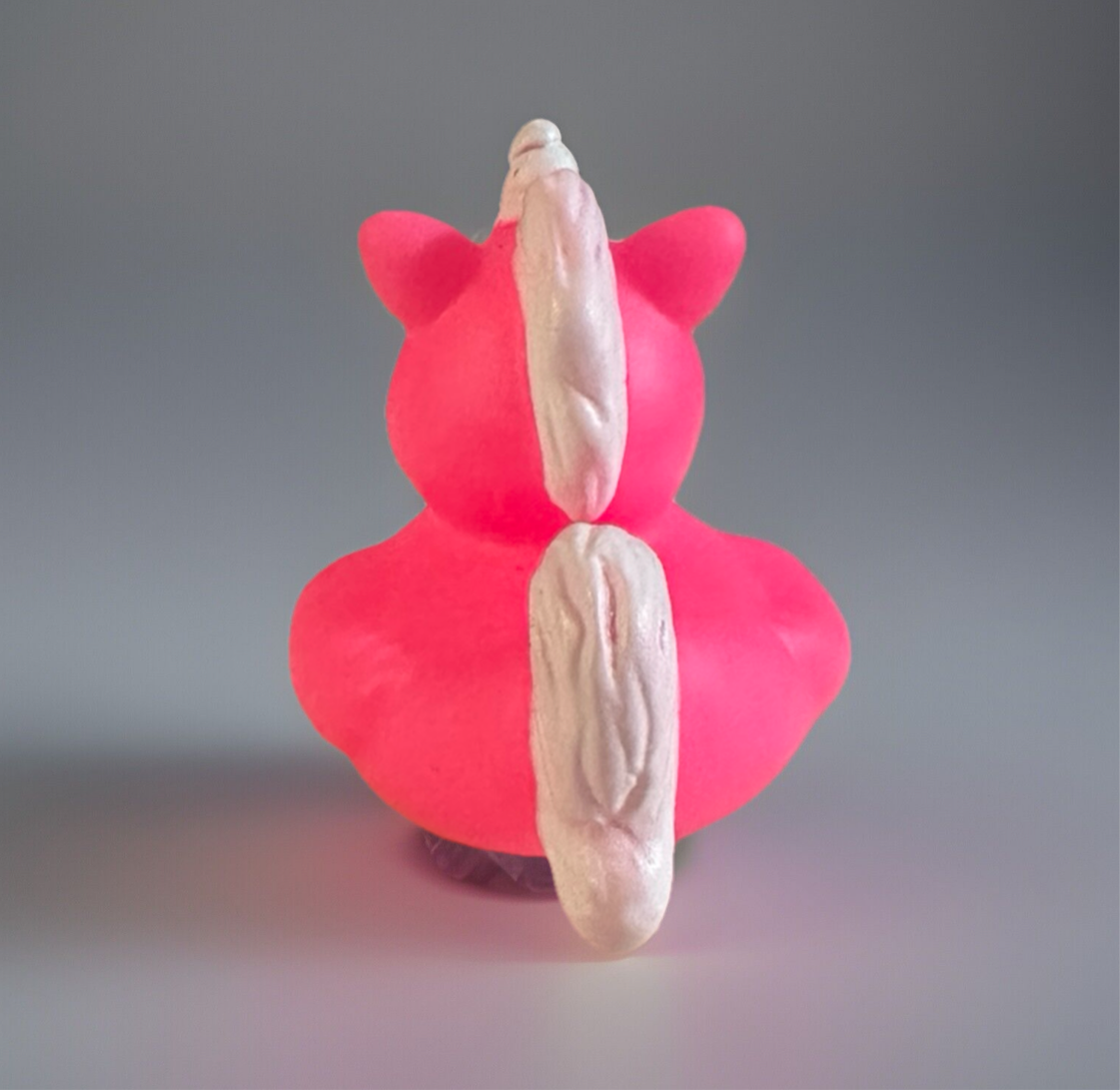 Back view of pink unicorn rubber duck with white mane from Reed’s Rubber Ducks and Sensory Shop