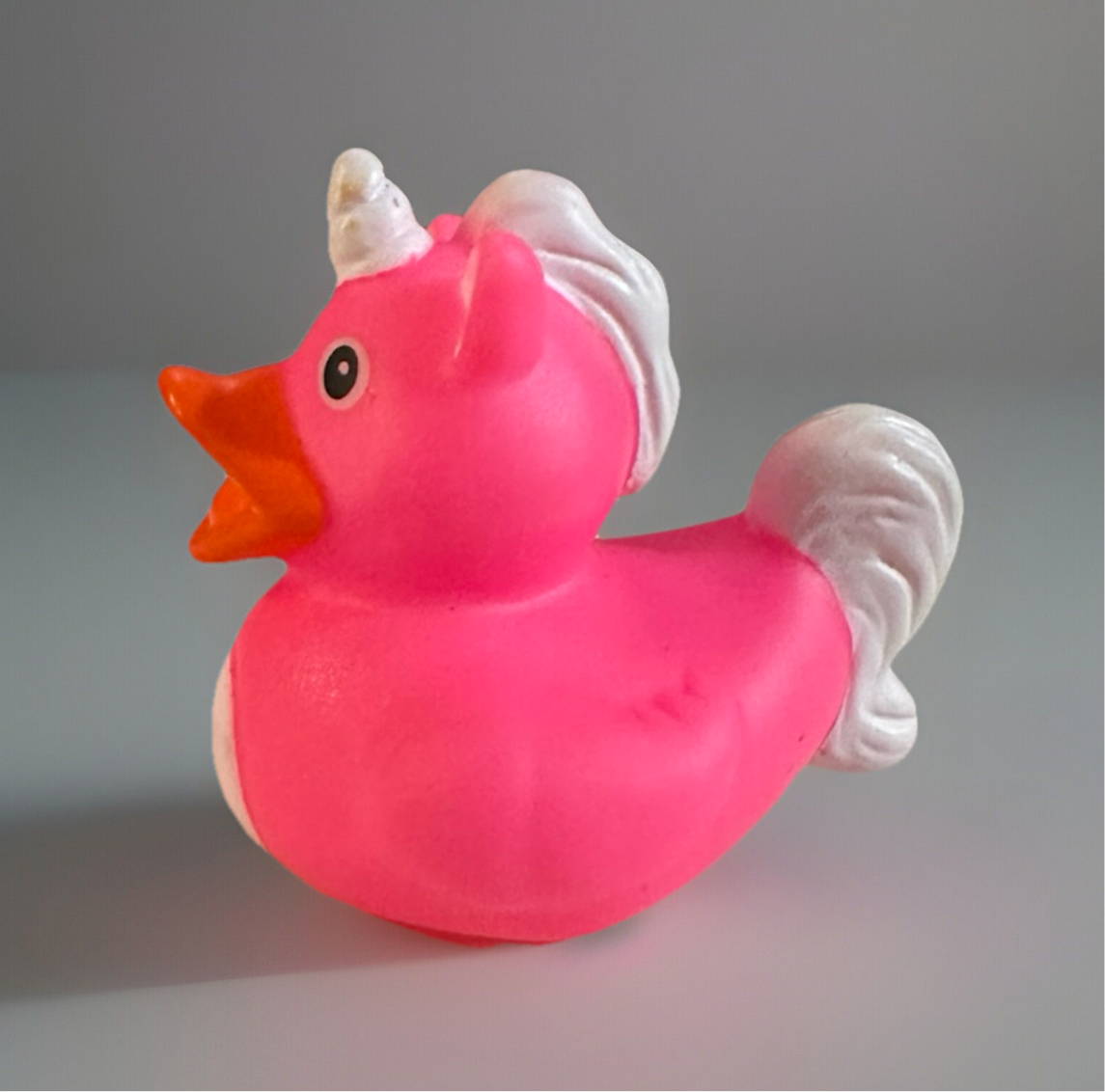 Pink unicorn rubber duck with white mane and horn from Reed’s Rubber Ducks and Sensory Shop