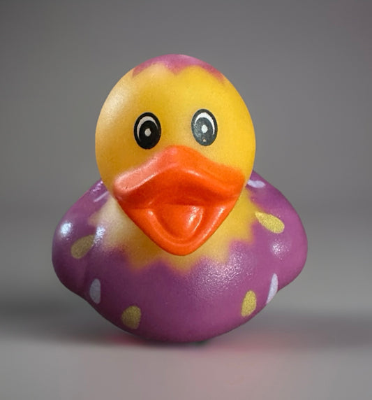Purple Easter egg rubber duck with yellow spots and orange beak from Reed’s Rubber Ducks and Sensory Shop