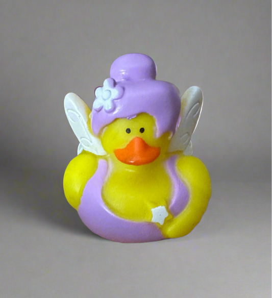 Purple Fairy Rubber Duck with Yellow Body and White Wings for Sensory Play and Bath Time Fun